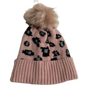Super Cute & Cozy Pink Animal Print Knit Beanie Hat with Pom, One Size